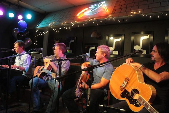 L-R: Songwriters Tom Douglas, Wendell Mobley, Shane McAnally, and Marti Frederiksen perform during NMPA's Songwriter Showcase held at Nashville's Bluebird Café Photo credit NMPA/Bev Moser