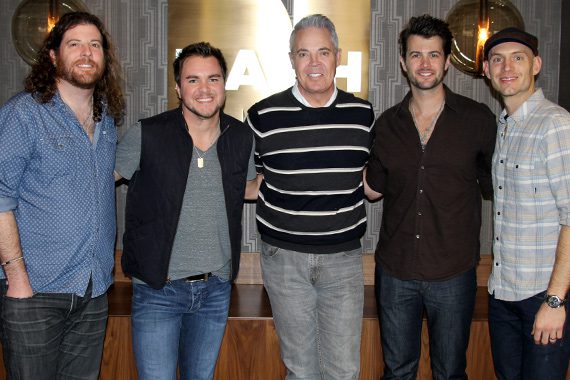 The Eli Young Band recently stopped by NASH-FM in Nashville to discuss their upcoming Republic Nashville album and celebrate the success of the gold-certified “Drunk Last Night.” Pictured (L-R): EYB’s James Young, Mike Eli, Blair Garner, EYB’s Chris Thompson and Jon Jones. Photo: Sarah Montgomery