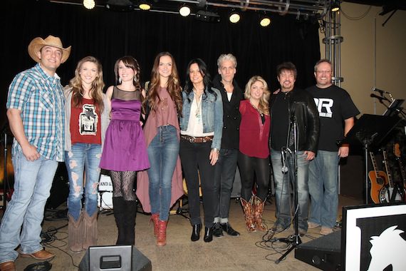 Pictured (L-R): Sim Balkey, Kaitlyn Baker, Megan Moreaux, Hannah Bethel, Rivers & Rust (Sheila Marshall and Kyle Cook), Danielle Bourjeaurd, guest host Jeff Bates, Digital Rodeo Pres. John Pyne. Photo: Bev Moser