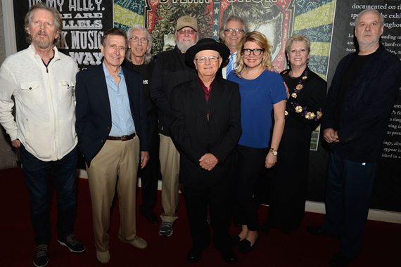 Pictured (L-R): Nashville Cats Mac Gayden, Lloyd Green, Wayne Moss, Charlie Daniels, and Charlie McCoy; CMHoF’s Kyle Young; Marcie Allen Van Mol, President of MAC Presents; CMHoF's Carolyn Tate; and Nashville Cat David Briggs. Photo: Jason Davis, Getty Images