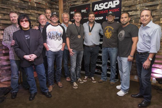 Celebrating Jason Aldean’s No. 1 hit “Tonight Looks Good On You.” (L-R): Warner Chappell’s Ben Vaugh, ASCAP’s John Titta, BBR Music Group’s Benny Brown, SONY/ATV’s Tom Luteran, BMI songwriter Rhett Akins, Combustion Music’s Chris Farren, songwriter Ashley Gorley, BMI songwriter Dallas Davidson, BMI affiliate Jason Aldean producer Michael Knox and BMI’s Jody Williams.