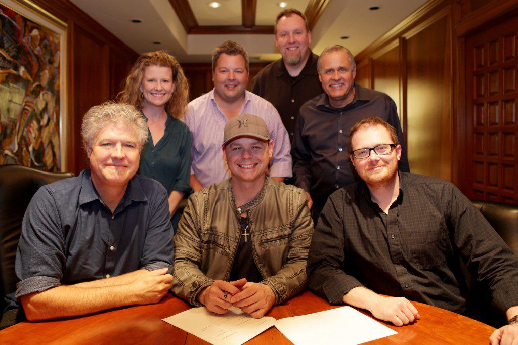 Pictured (front row, L-R): Daniel Hill (President, Spirit Music Nashville), Jay Brunswick, Noah McPike (Almon & McPike). Back Row (L-R): Carrie Gallo (Creative Dir., Spirit), Bradley Collins (BMI),Brian Bradford (Dir. Admin., Spirit), Billy Lynn (VP Creative, Spirit). 