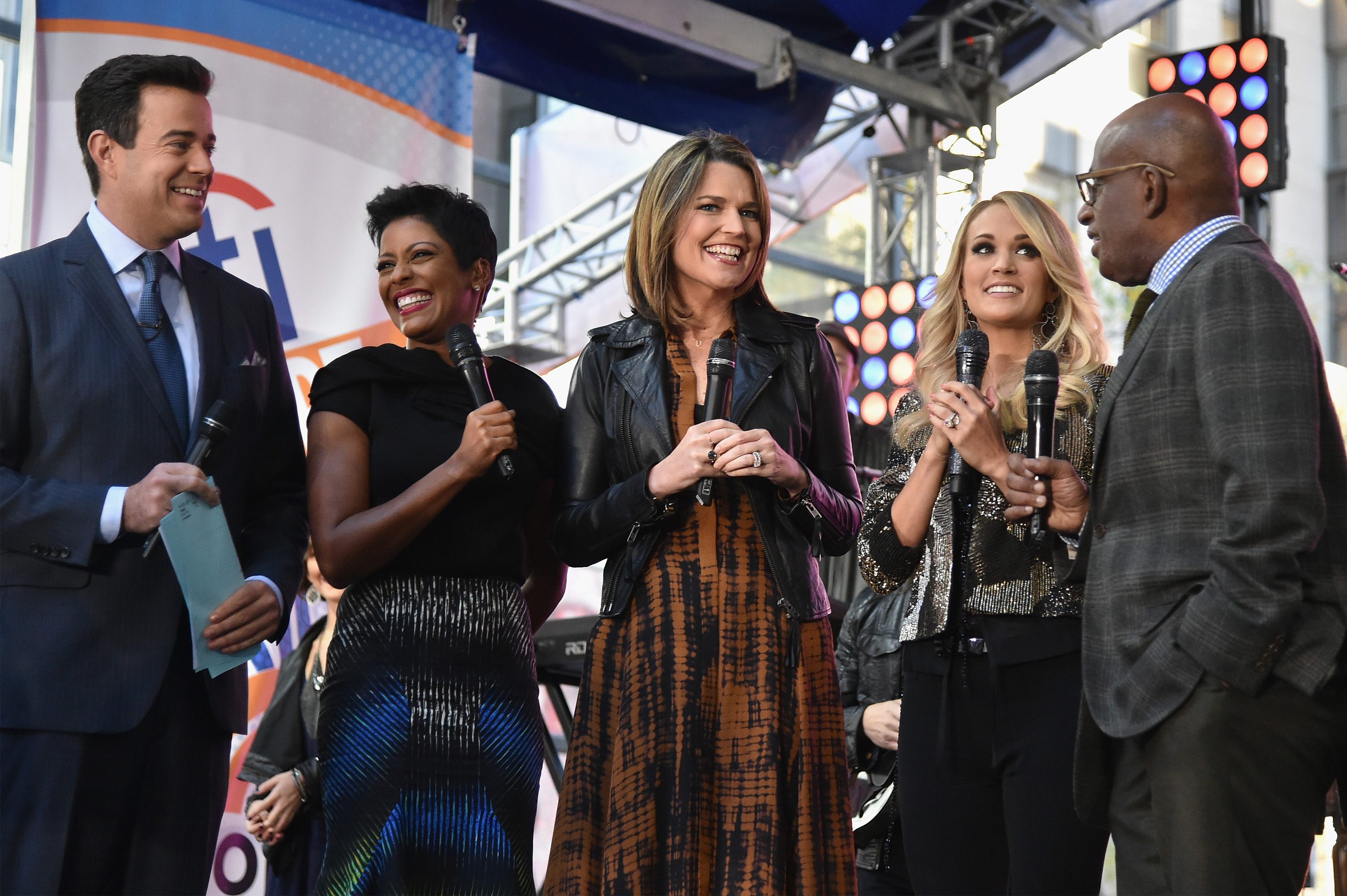 Pictured (L-R): Today’s Carson Daly, Tamron Hall, and Savannah Guthrie; Carrie Underwood; and Today’s Al Roker. Photo: Mike Coppola/Getty Images for Citi. 