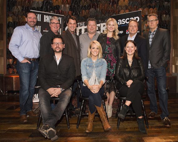 Pictured- (L-R): Back Row: Sony ATV’s Josh Van Valkenburg, BMG’s Chris Oglesby, ASCAP’s Michael Martin, BMI’s Bradley Collins, ASCAP’s Beth Brinker, BMI’s Jody Williams and Arista Nashville’s Randy Goodman. Front Row: Chris DeStefano, Carrie Underwood, and Hillary Lindsey.   