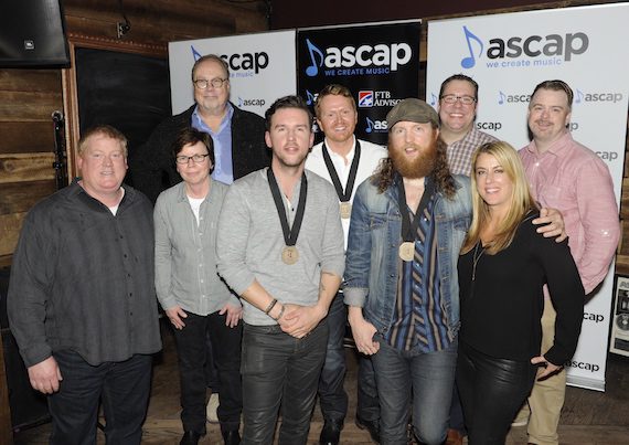 Pictured (L-R): (front) ASCAP's Mike Sistad, Smack Ink's Robin Palmer, co-writer/artist TJ Osborne, co-writer/artist John Osborne, King Pen Music's Kelly King, (back row) Universal Music Group's Mike Dungan, co-writer Shane McAnally, Universal Music Publishing's Kent Earls, Warner/Chappell Music Publishing's Ben Vaughn.